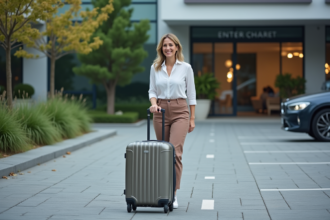 Femme souriante avec valise devant hôtel moderne
