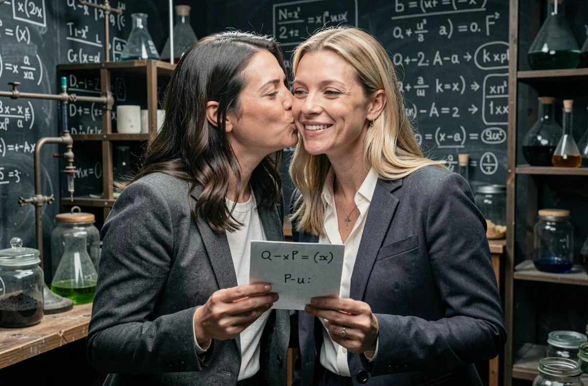 Deux femmes s'échangeant un indice en chuchotant dans une salle d'escape game sur le thème d'un laboratoire scientifique vintage