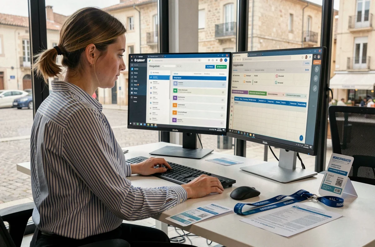 Une gestionnaire de Festik travaillant sur une interface de billetterie et de gestion d'événements en Occitanie depuis un bureau moderne