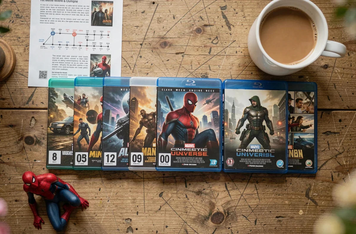 Vue du dessus d'une collection de films Marvel avec Spider-Man classés dans l'ordre sur une table en bois avec figurine et fiche chronologique