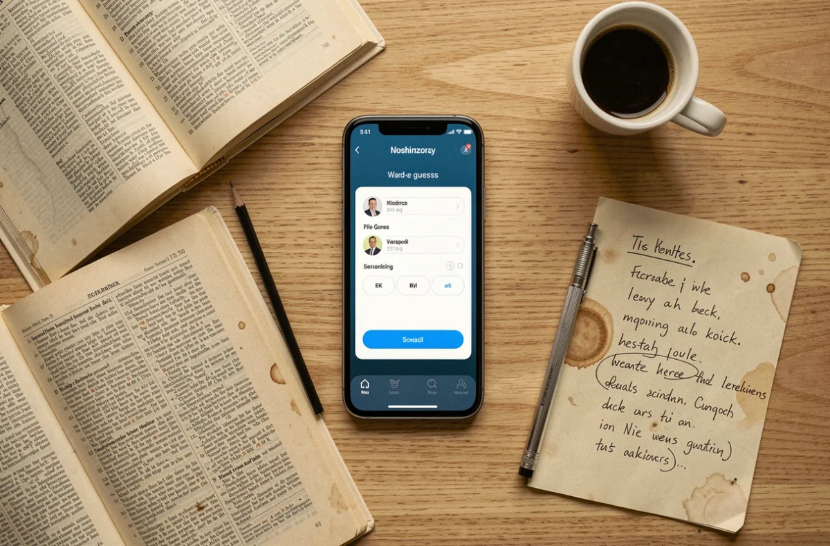 Vue de dessus d'un smartphone affichant un jeu de devinettes de mots entouré d'un dictionnaire et de notes manuscrites, astuce soluce Pédantix