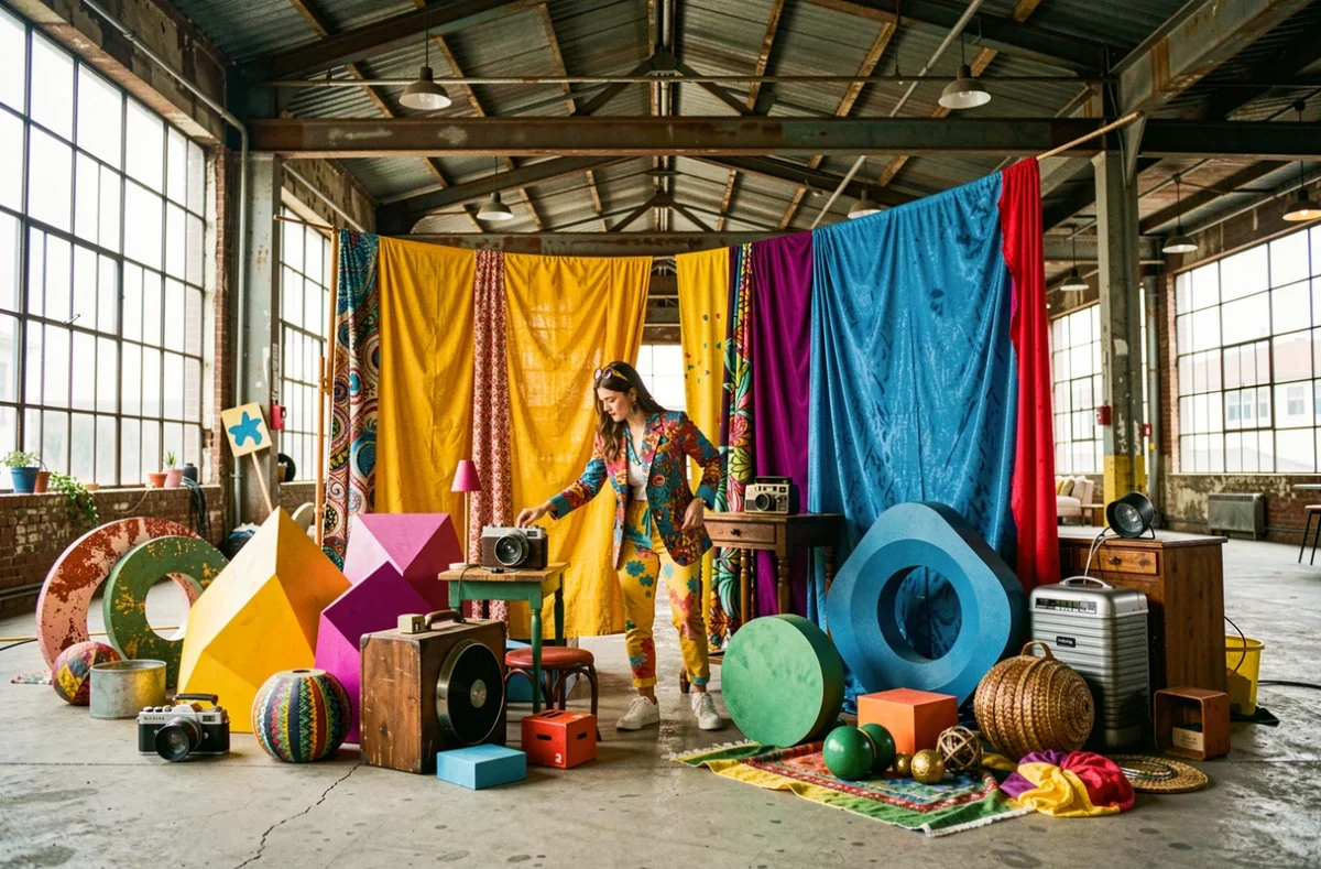 Une organisatrice de Flex Events arrangeant des décorations atypiques et créatives dans un loft industriel pour un événement original