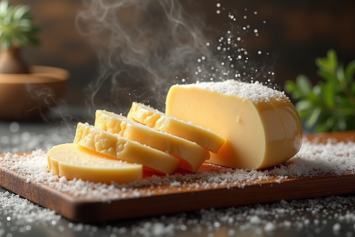 Bloc de foie gras partiellement tranché sur planche en bois