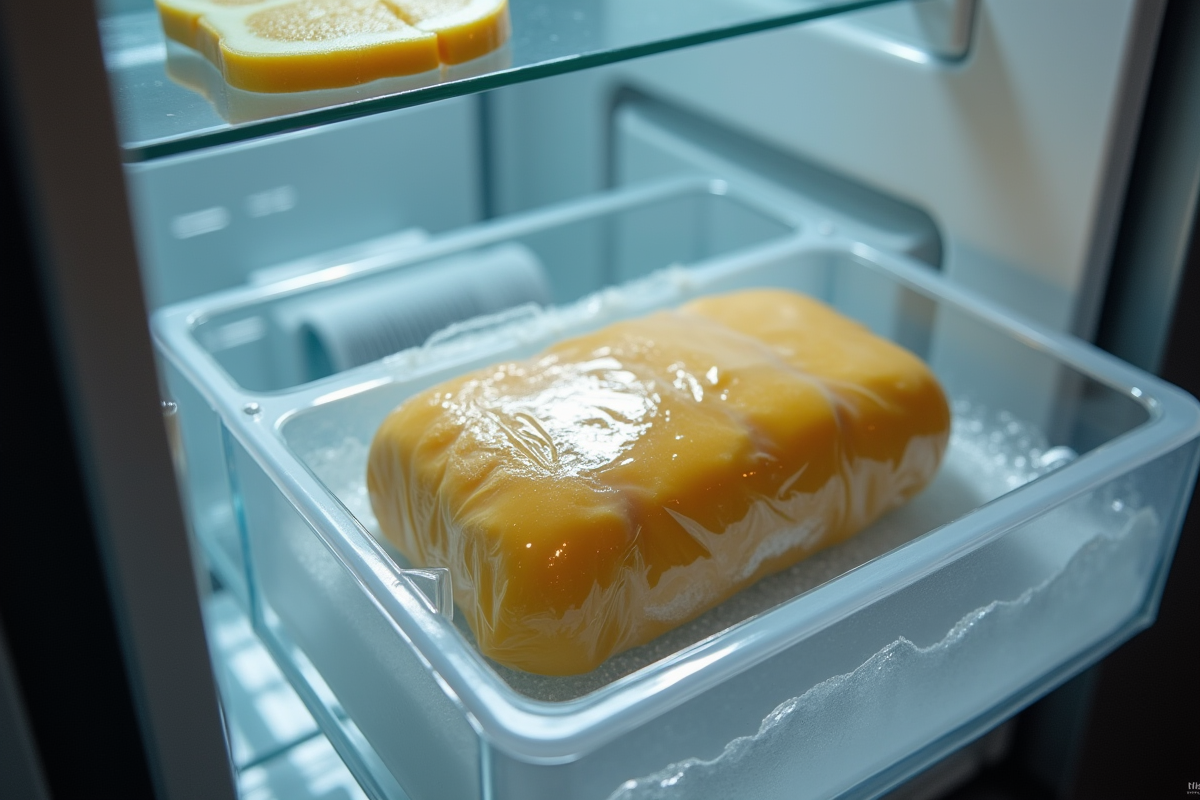 Foie gras sous vide dans le congélateur avec aliments organisés