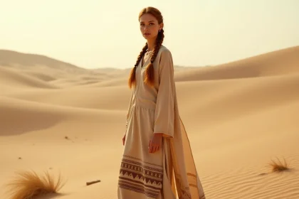 Femme Aiel au désert en robe de lin sable, représentant la force et la culture nomade des Aiel dans le monde de La Roue du Temps