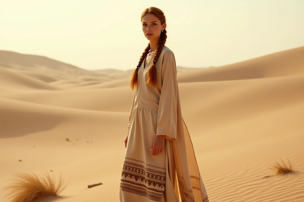 Femme Aiel au désert en robe de lin sable, représentant la force et la culture nomade des Aiel dans le monde de La Roue du Temps