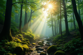 Forêt dense au matin avec lumière verte et brume légère