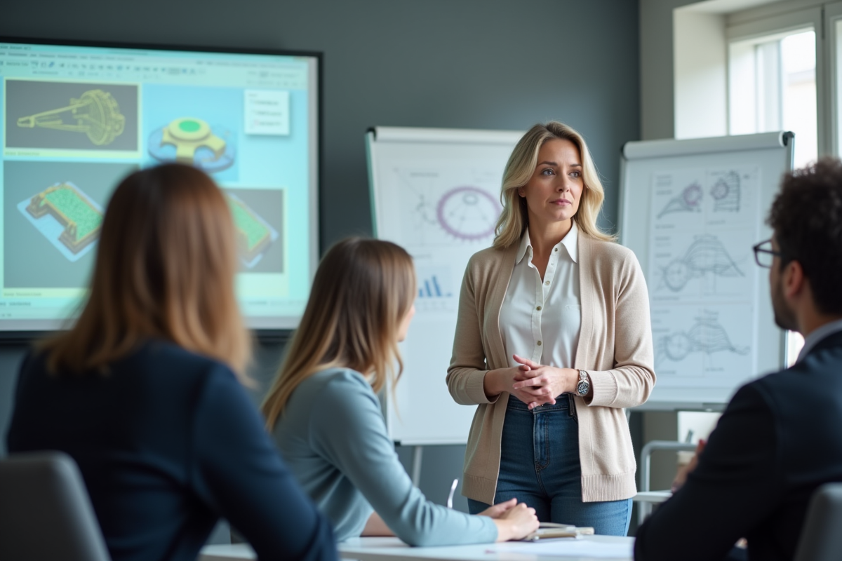 Femme formant un groupe sur logiciel cad en classe