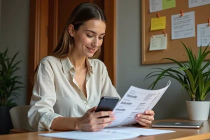 Femme consultant les fuseaux horaires sur smartphone avant d'acheter un billet d'avion pour La Réunion