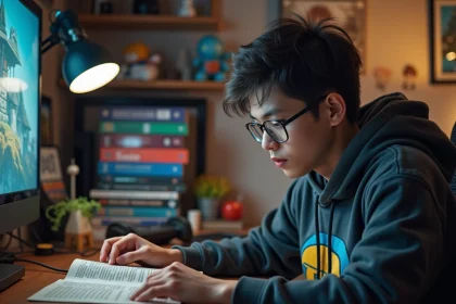 Jeune gamer lisant un guide Dofus dans son bureau