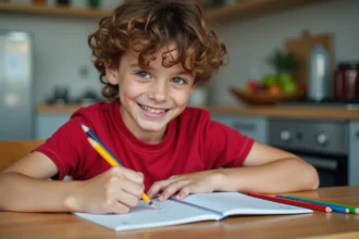 Jeune garçon convertissant livres en kilogrammes à la maison