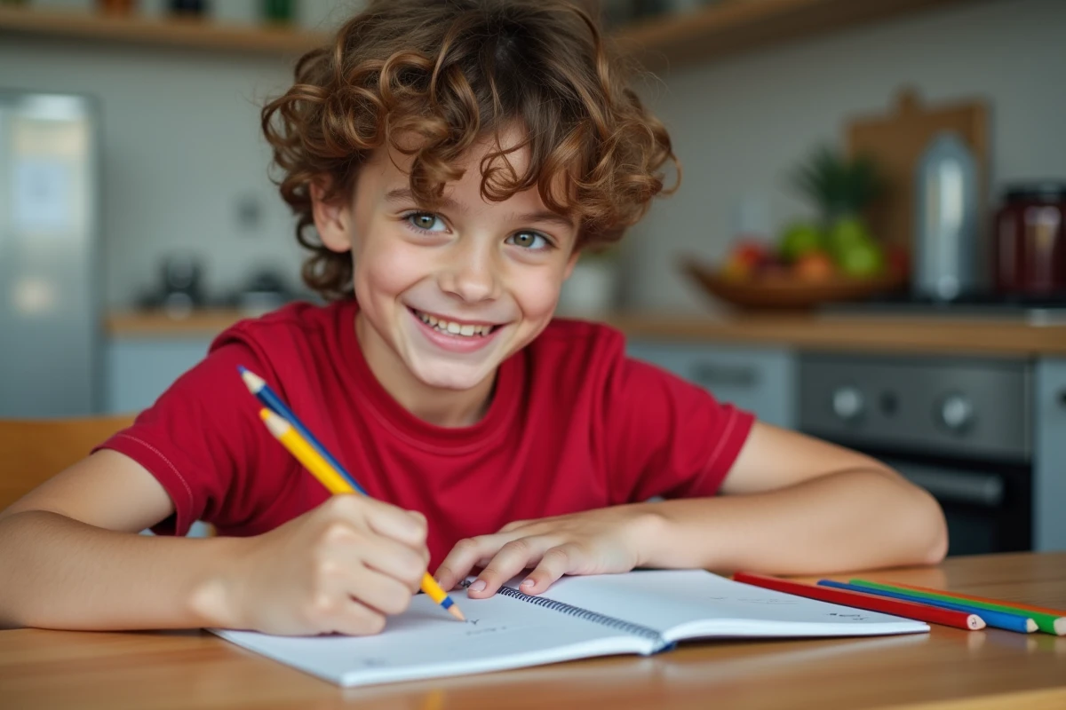 Jeune garçon convertissant livres en kilogrammes à la maison