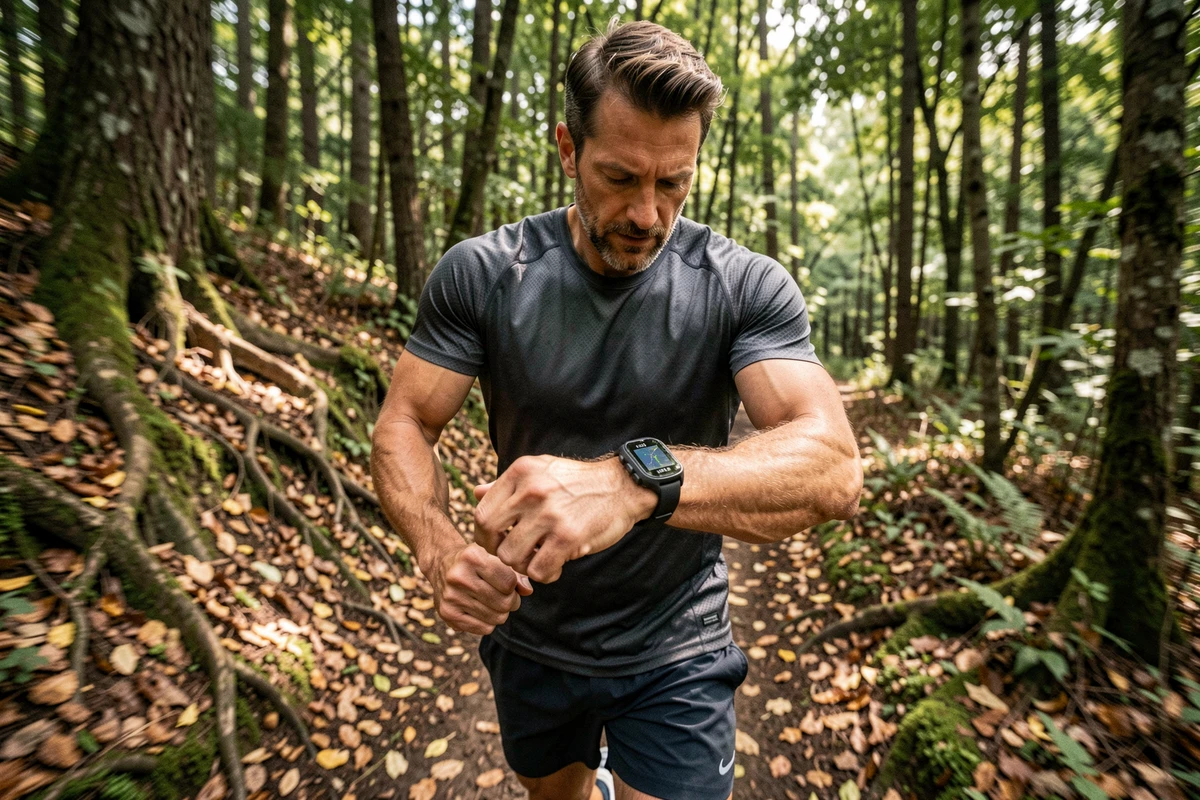 Coureur consultant sa montre connectée GPS sur un sentier forestier pendant un jogging
