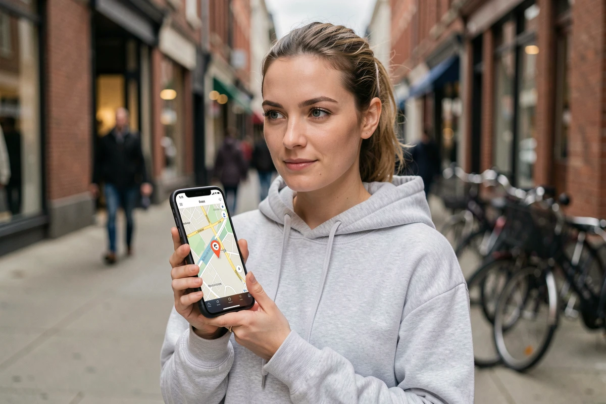 Femme utilisant une application GPS sur son smartphone en pleine rue en ville