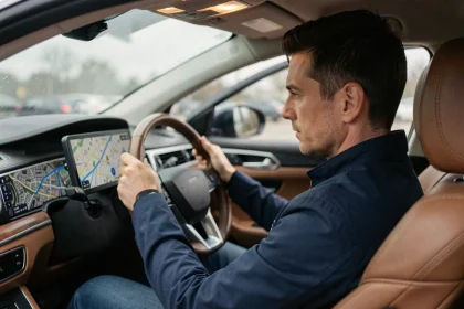 Homme consultant un GPS intégré au tableau de bord d'une voiture moderne pendant la navigation