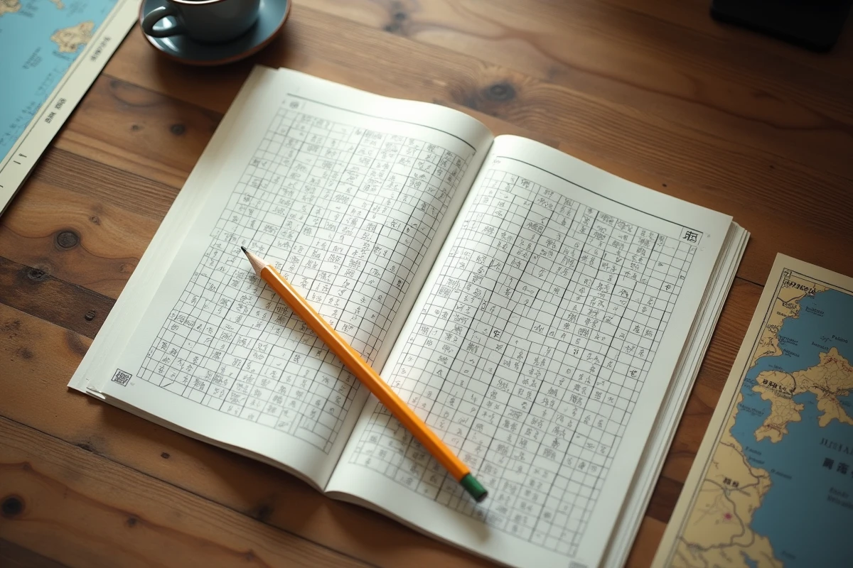 Grille de mots croisés japonais ouverte avec un crayon et une tasse de thé sur une table en bois