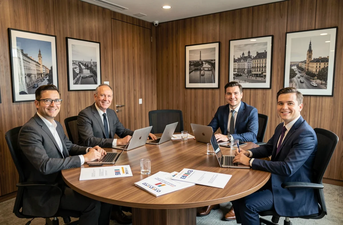 Une équipe de Group Ideal réunie en réunion de travail dans une salle de conférence corporate élégante à Toulouse