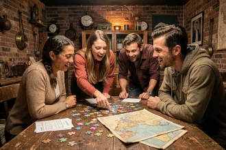 Groupe d'adultes en train de résoudre des énigmes dans une salle d'escape game avec des accessoires vintage et des indices sur une table en bois