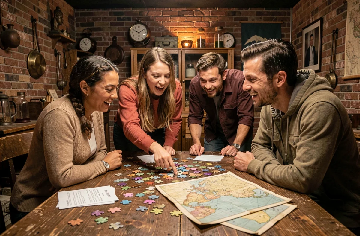 Groupe d'adultes en train de résoudre des énigmes dans une salle d'escape game avec des accessoires vintage et des indices sur une table en bois