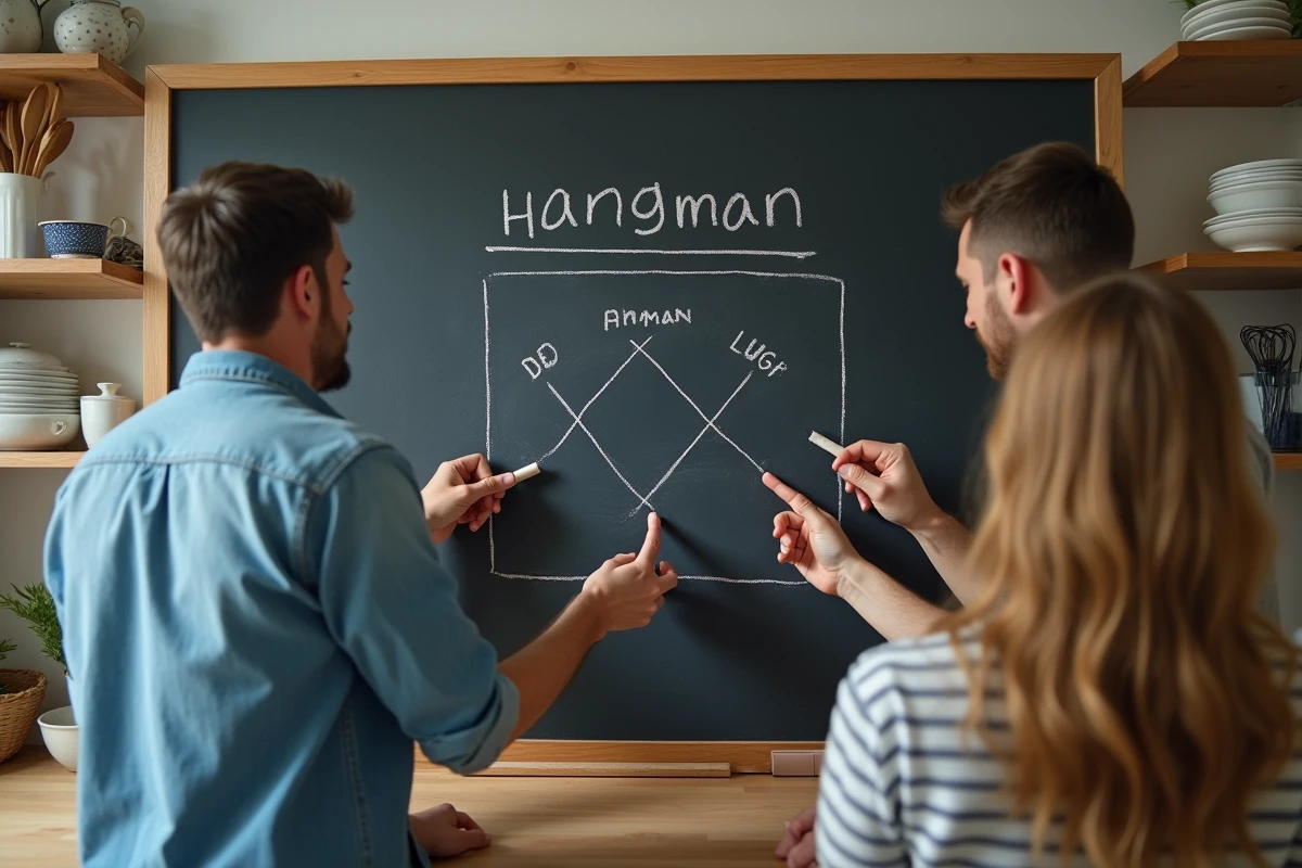 Groupe d'adultes jouant au pendu avec des mots d'animaux sur un tableau noir dans une cuisine
