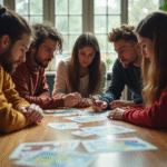 Groupe d'amis collaborant autour d'un puzzle lumineux