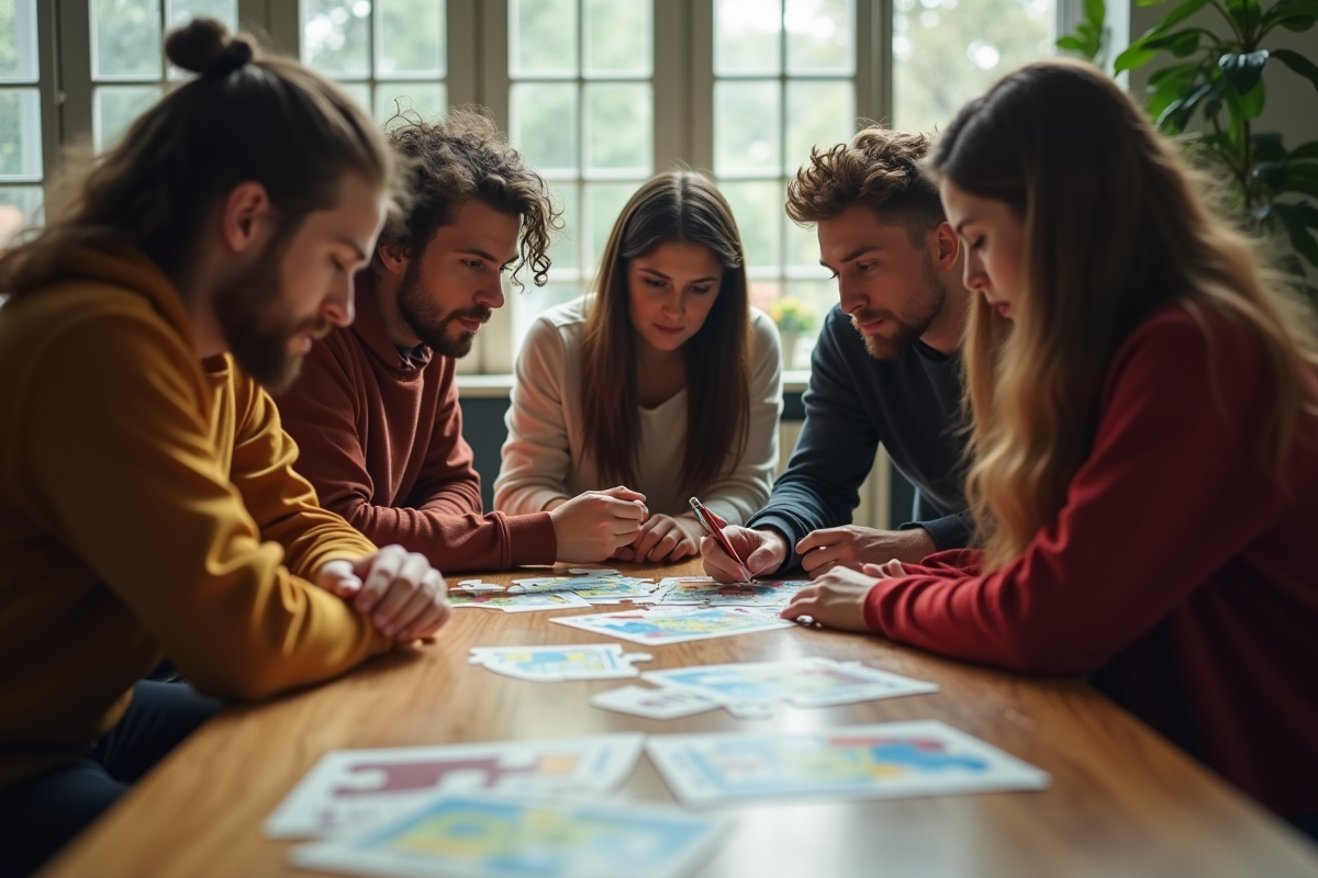 Groupe d'amis collaborant autour d'un puzzle lumineux