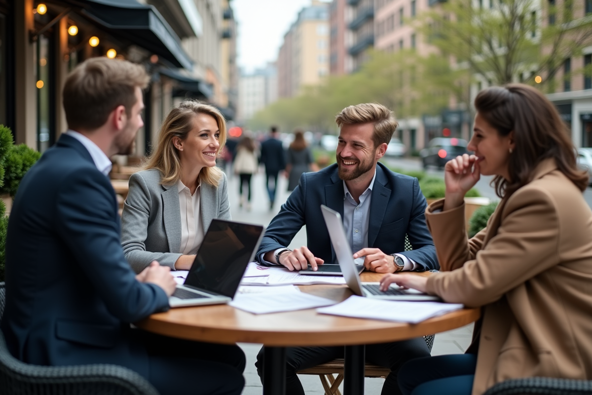 Groupe diversifié de professionnels discutant au café en ville