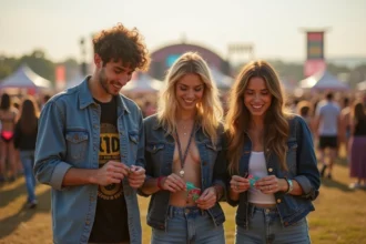 Groupe d amis à l entrée d un festival de musique en plein air