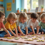 Groupe d'enfants d'âge préscolaire explorant des lettres en classe