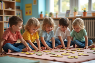 Groupe d'enfants d'âge préscolaire explorant des lettres en classe