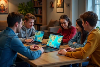 Groupe de jeunes adultes collaborant autour d'une carte fantasy