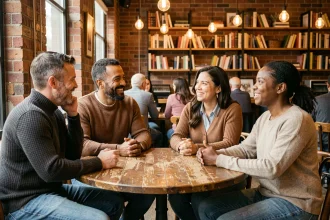 Groupe multiculturel en conversation animée dans un café, illustrant les réactions diverses face à l'humour sur les identités culturelles