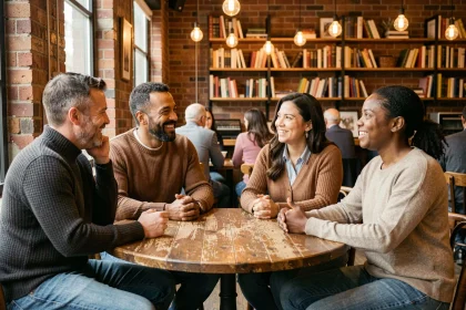 Groupe multiculturel en conversation animée dans un café, illustrant les réactions diverses face à l'humour sur les identités culturelles