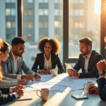 Groupe de professionnels collaborant dans un bureau lumineux