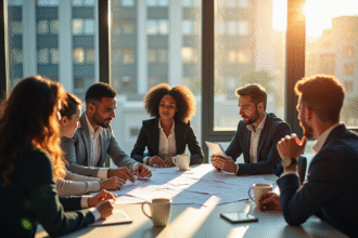Groupe de professionnels collaborant dans un bureau lumineux