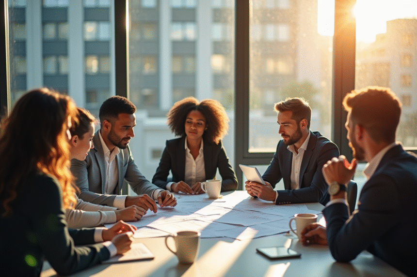 Groupe de professionnels collaborant dans un bureau lumineux