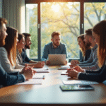 Groupe d'employes en reunion dans un bureau lumineux
