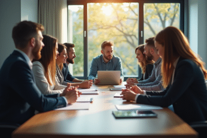 Groupe d'employes en reunion dans un bureau lumineux
