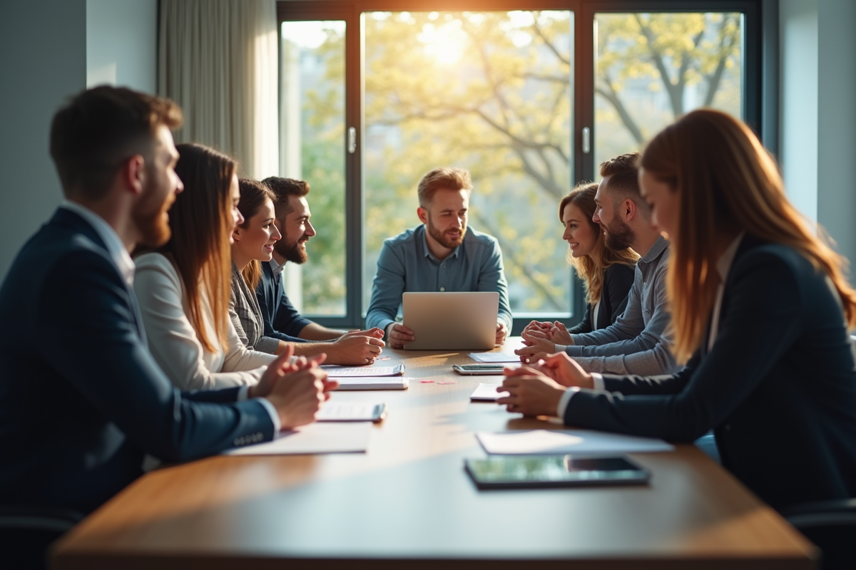 Groupe d'employes en reunion dans un bureau lumineux