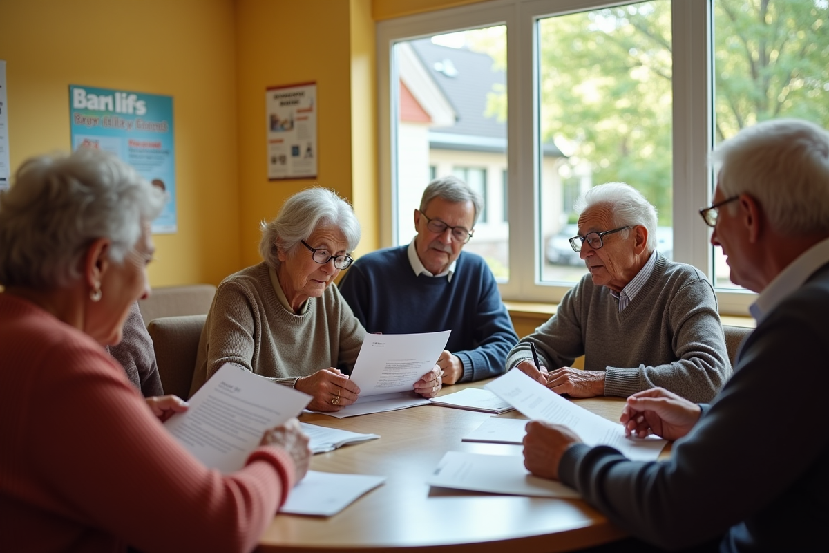 Groupe de seniors discutant autour de brochures bancaires