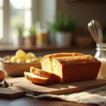 Gâteau pain rustique sur une table en bois avec œufs et lait