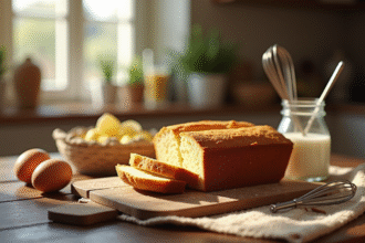 Gâteau pain rustique sur une table en bois avec œufs et lait