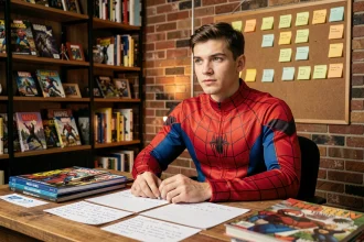 Jeune homme passionné par Spider-Man consultant des comics et Blu-rays Marvel classés dans l'ordre chronologique sur un bureau en bois