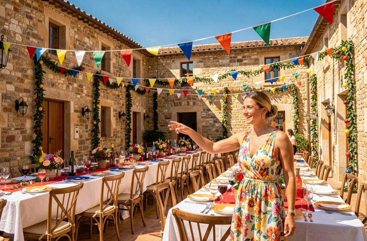 Une organisatrice de Happy Events Grand Sud coordonnant la décoration d'une fête festive dans la cour d'une ferme en pierre d'Occitanie