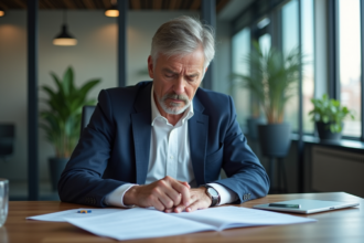 Homme d'affaires en costume bleu examine des documents bancaires
