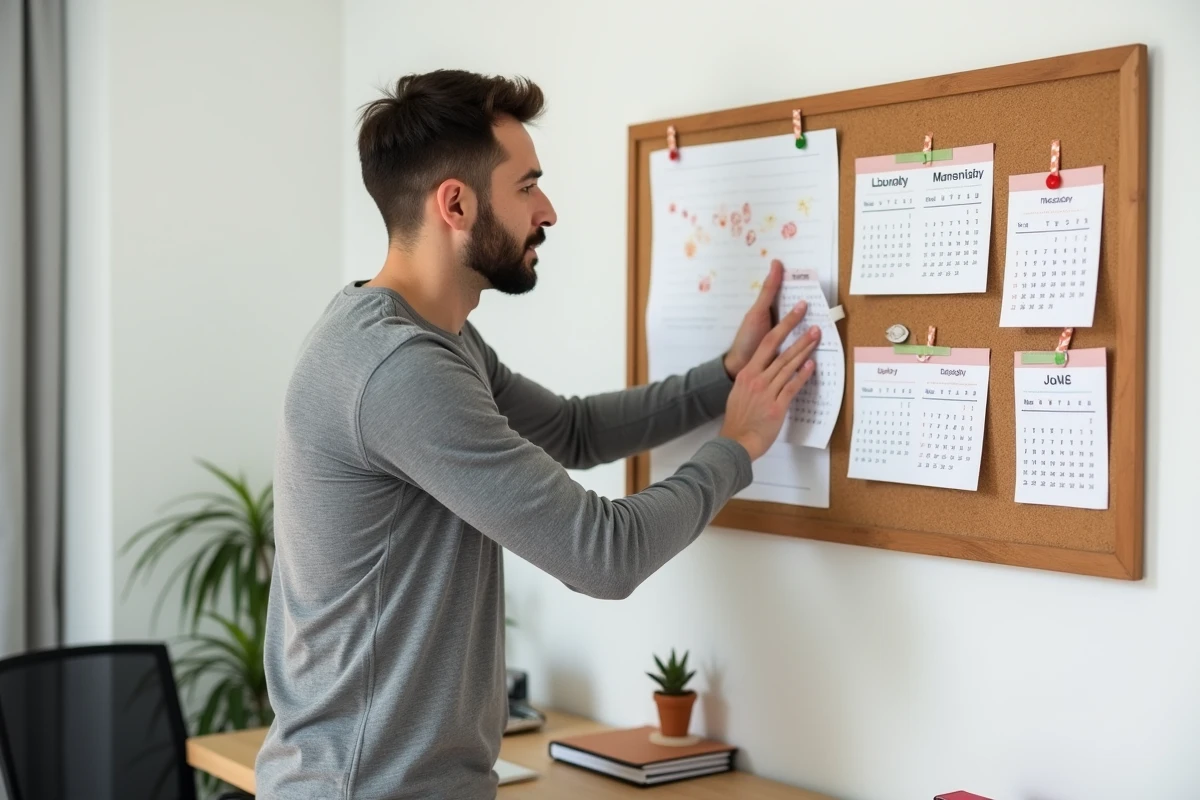 Homme accrochant des pages de calendrier 2026 imprimées par mois sur un tableau en liège dans un bureau à domicile