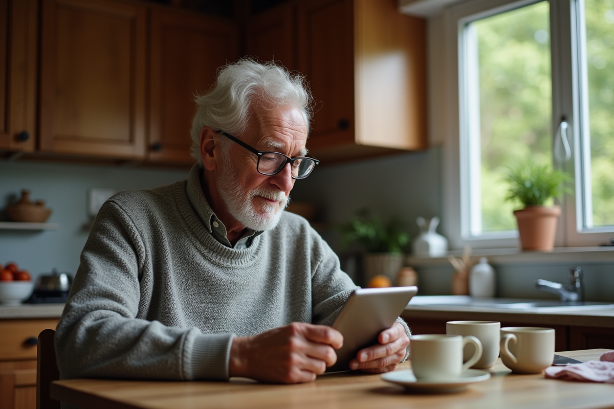 Homme âgé utilisant une tablette dans sa cuisine chaleureuse