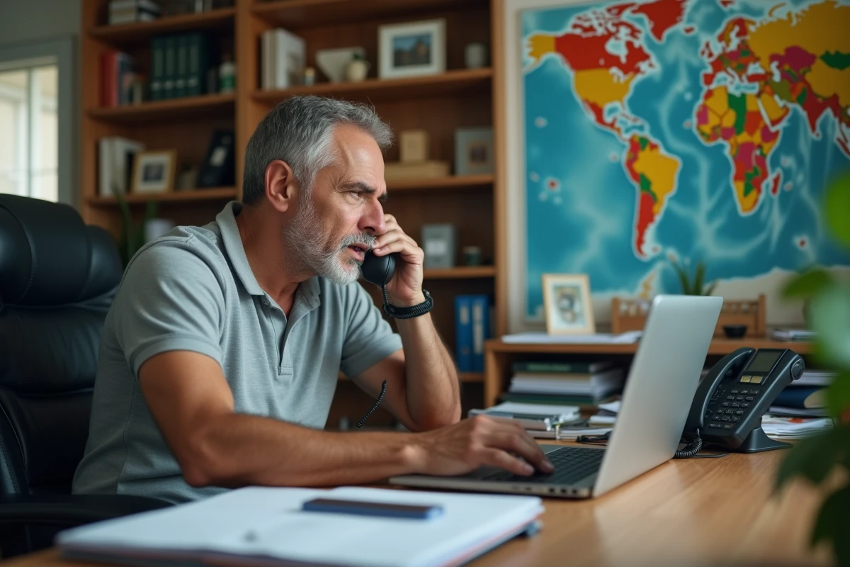 Homme utilisant un ordinateur portable pour gérer ses appels vers l'Algérie avec un indicatif téléphonique