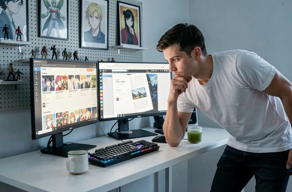 Jeune homme passionné de manga consultant un site de scan sur double écran dans un bureau moderne et personnalisé
