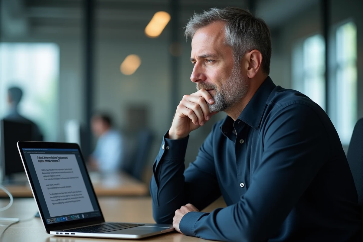 Homme au bureau fixant un document Word sur son ordinateur portable avec une expression hésitante face à une question grammaticale
